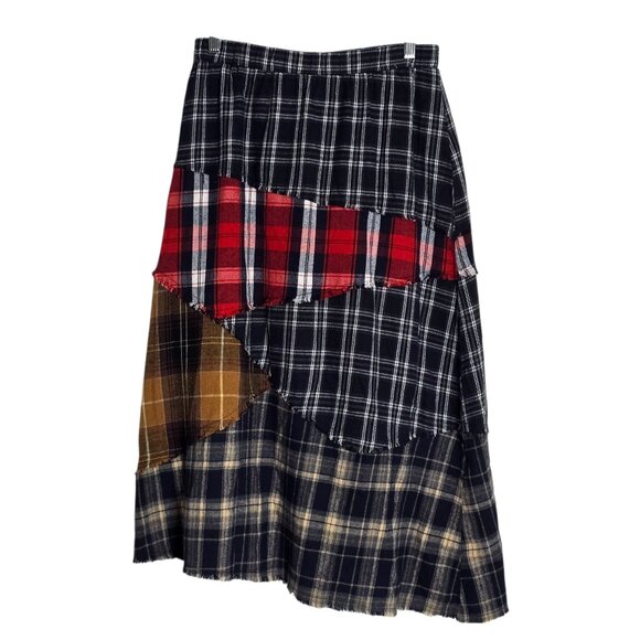 Patchwork Plaid Asymmetrical Elastic Waist Long Skirt Size Medium - Picture 1 of 3